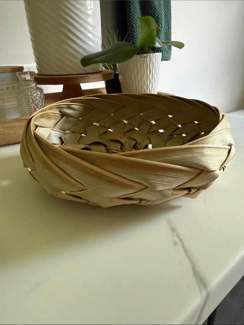 Handwoven Natural Palm Leaf Basket Bowl Rustic Farmhouse Coastal
